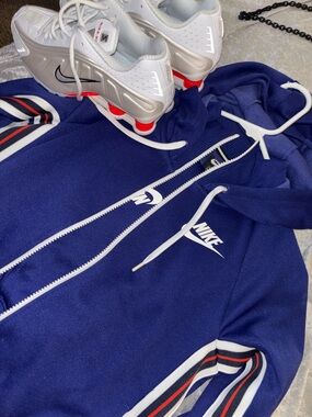 Nike Navy Hoodie with White Logo and Red-Trim Stripes